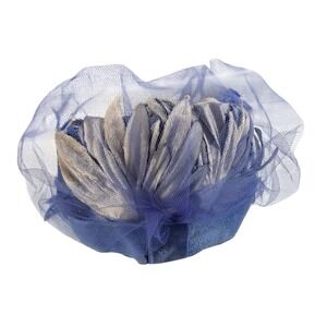 Vintage Royal Blue Feather Fascinator Hat Veiling‎ Silver Petals 1950s Style